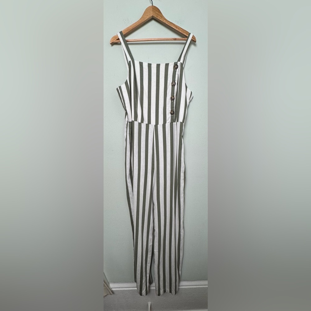 NWT C&C California Linen Blend Striped Jumpsuit Green & White Large‎ 89r01027t - Picture 5 of 16